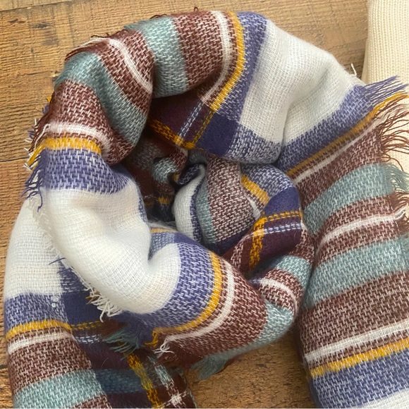 Soft Plaid Scarf in White, Blues, Teal, Burgundy - Picture 7 of 11